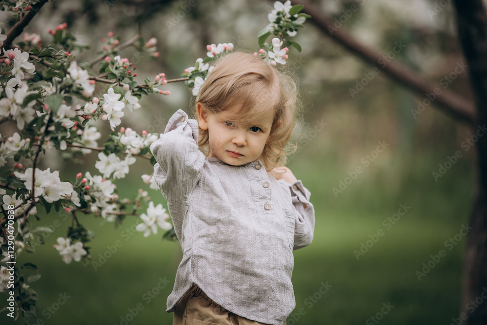 Cute beautiful baby girl on the background of blooming apple trees in the garden Cute beautiful baby girl on the background of blooming apple trees in the garden
