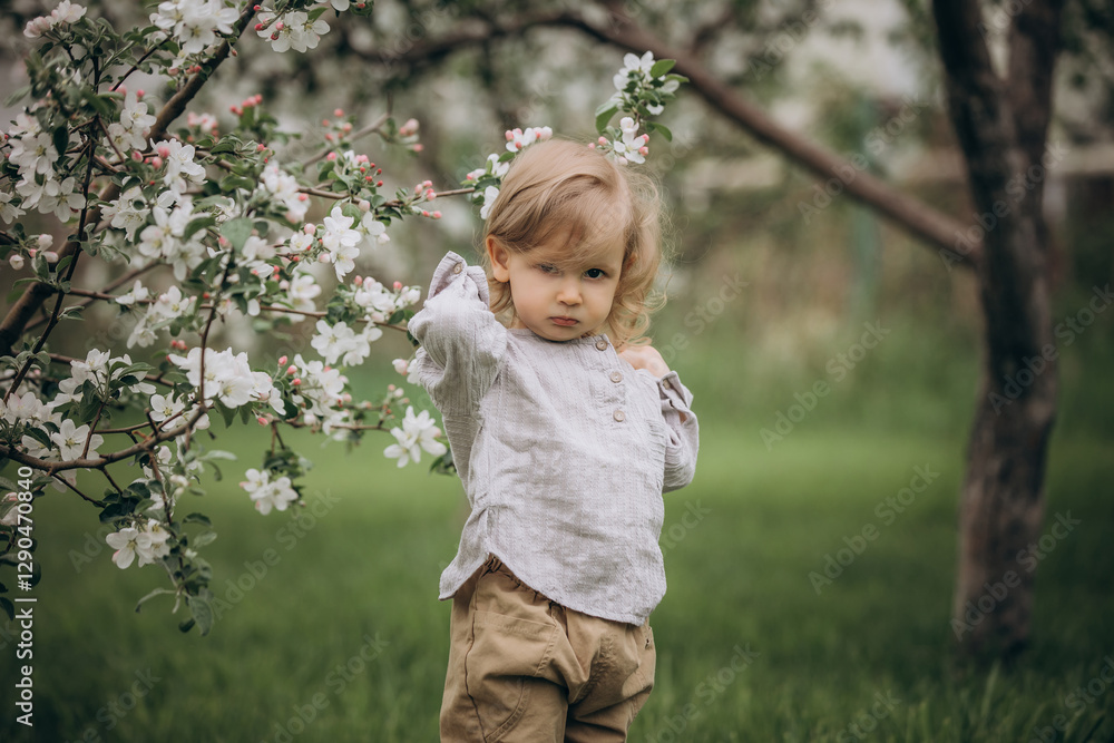 Cute beautiful baby girl on the background of blooming apple trees in the garden Cute beautiful baby girl on the background of blooming apple trees in the garden