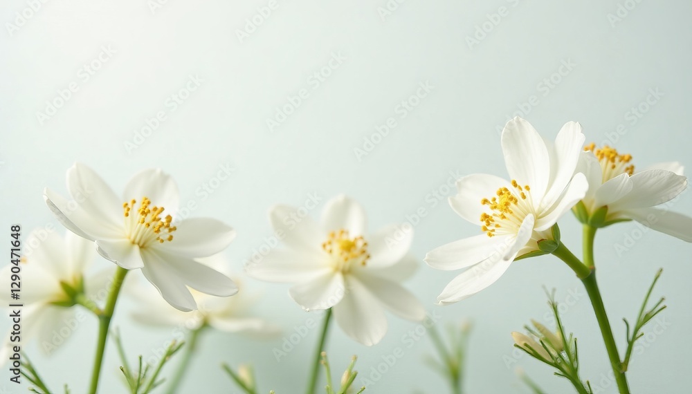 Fototapeta premium Close-up of delicate white stock flowers on a soft white backdrop, delicate, beauty, elegant