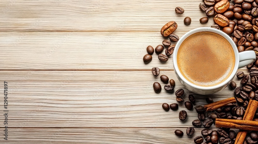 Freshly Brewed Espresso in a Rustic Cup with Coffee Beans and Cinnamon on a Wooden Table Freshly Brewed Espresso in a Rustic Cup with Coffee Beans and Cinnamon on a Wooden Table