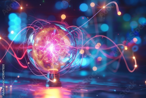 A glowing sphere brimming with neon plasma is surrounded by swirling light trails against a futuristic background, creating a dynamic sci-fi energy display.