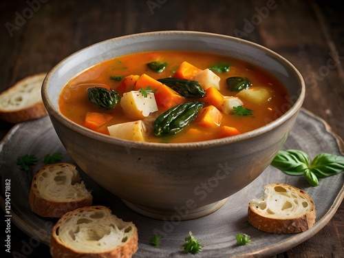 Minestrone soup in a bowl with vegetables and herbs, captured from an angle view, featuring a vibrant presentation, suitable for food photography.
 photo