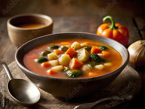 Minestrone soup in a bowl with vegetables and herbs, captured from an angle view, featuring a vibrant presentation, suitable for food photography.
 photo