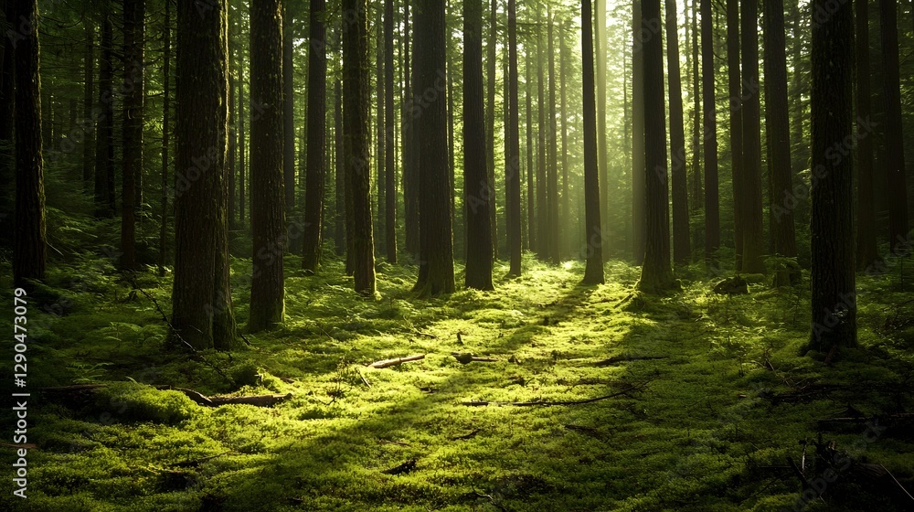 Obraz premium Vibrant Woodland Path Amid Lush Forest Foliage and Filtering Sunlight