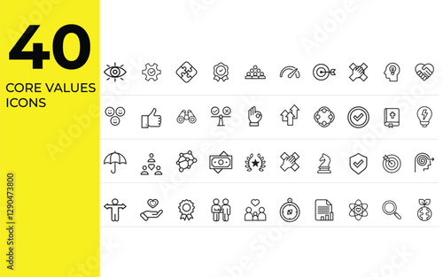 40 Core Values Line Icons Set |Outline Icons for Integrity, Innovation, Growth, Trust, Ethics, and Teamwork