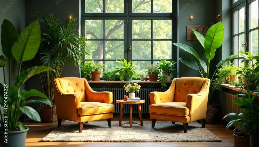 Fototapeta premium Chic workspace, comfy armchairs amidst foliage, green, furniture