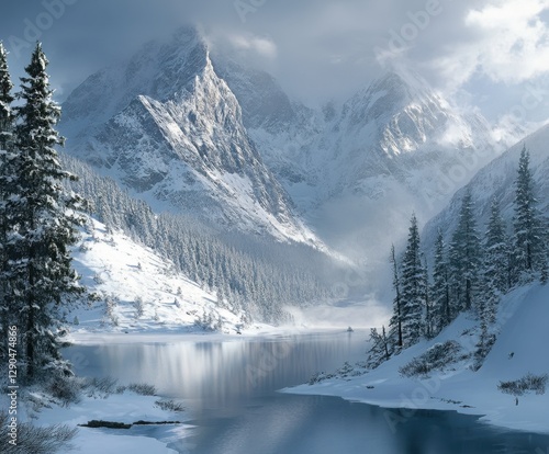 Snowy mountain landscape with serene winter lake view