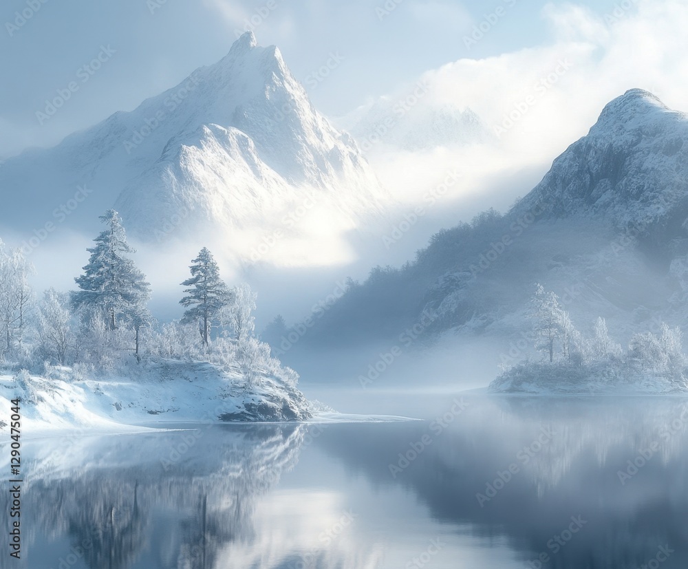Obraz premium Snowy mountain reflection in serene winter landscape