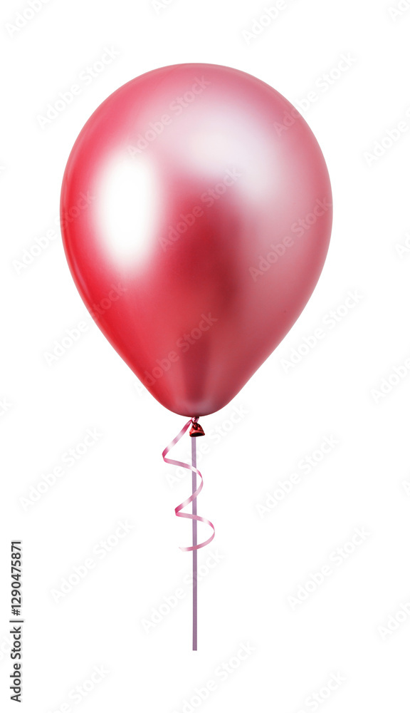 Shiny red balloon floating with curly ribbon on transparent background