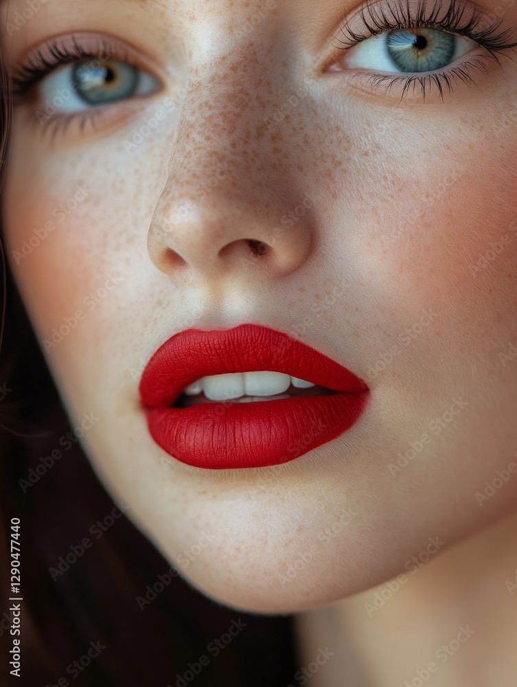 Naklejka premium Beauty portrait of freckled model showing perfect red lips and skin