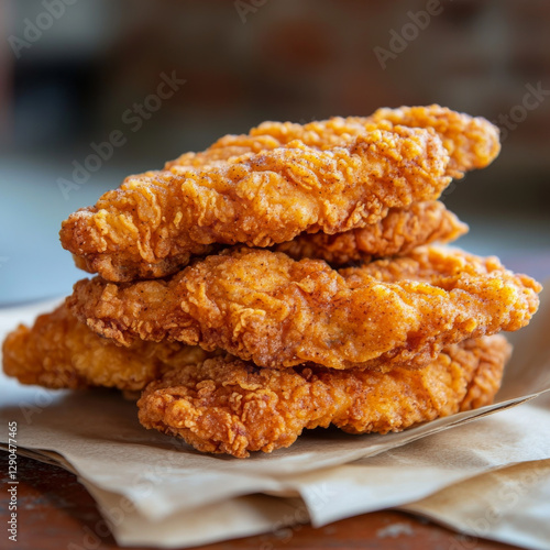 Wallpaper Mural Crispy fried chicken tenders stacked on brown paper, showcasing golden texture Torontodigital.ca
