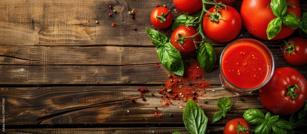 Fresh tomato juice in a glass on a wooden table with ripe red tomatoes and green basil leaves surrounding it, flat lay with ample copy space. Fresh tomato juice in a glass on a wooden table with ripe red tomatoes and green basil leaves surrounding it, flat lay with ample copy space.