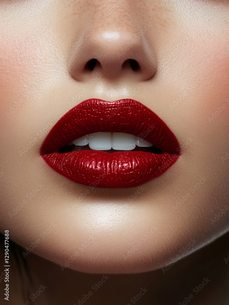 Fototapeta premium Close up of woman's face showing perfect red lips and makeup