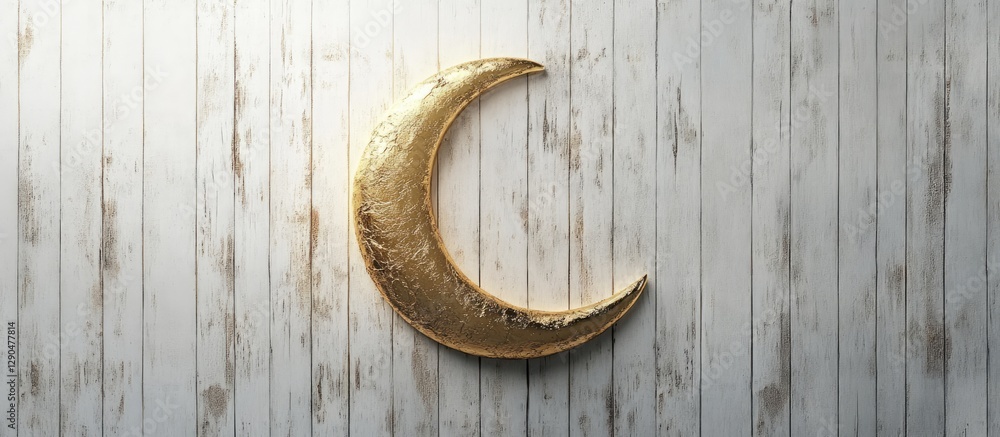 Gold crescent moon centered on a white wooden backdrop symbolizes Ramadan in Arabic culture featuring warm golden tones against light wood. Gold crescent moon centered on a white wooden backdrop symbolizes Ramadan in Arabic culture featuring warm golden tones against light wood.