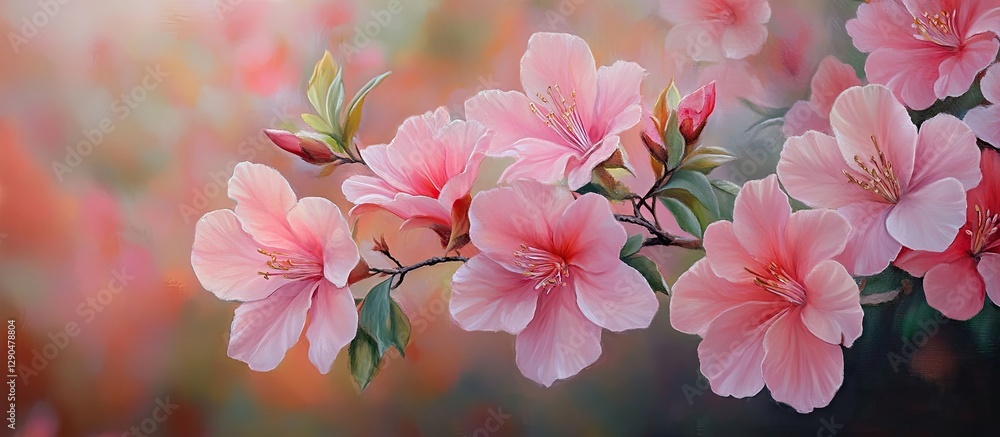 Lush pink flowers in full bloom with soft green leaves; vibrant petals create a serene natural scene against a dreamy pastel background. Lush pink flowers in full bloom with soft green leaves; vibrant petals create a serene natural scene against a dreamy pastel background.