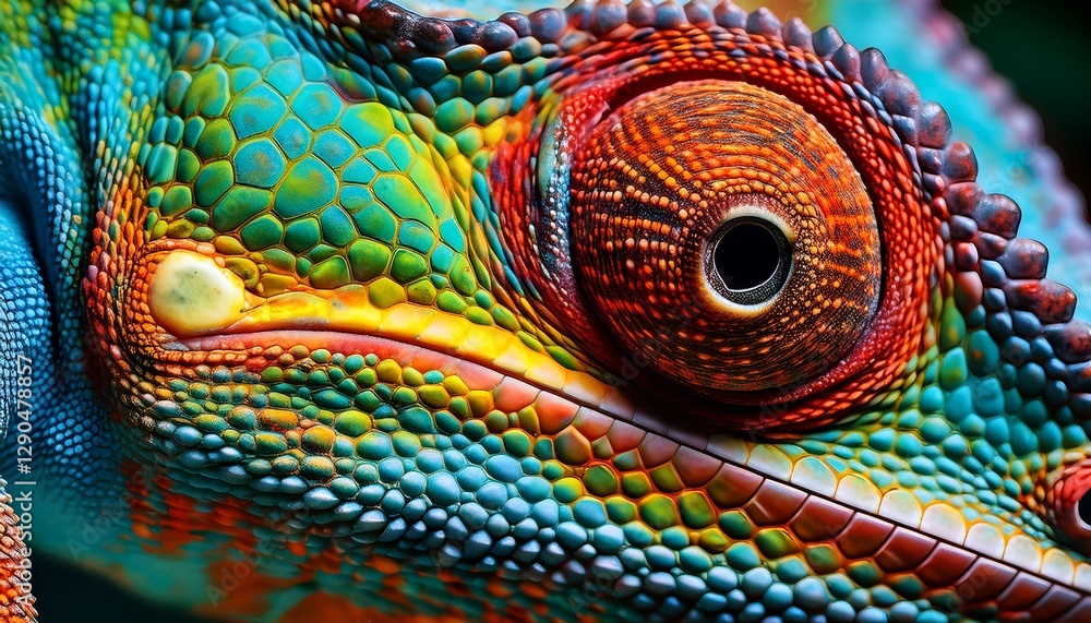 Obraz premium Macro shot of a chameleon’s skin, highlighting its detailed texture and vibrant color transitions, showcasing the unique and adaptive nature of this reptile.