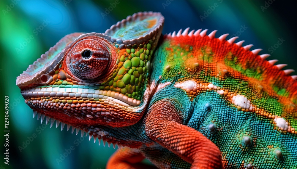 Obraz premium Macro shot of a chameleon’s skin, highlighting its detailed texture and vibrant color transitions, showcasing the unique and adaptive nature of this reptile