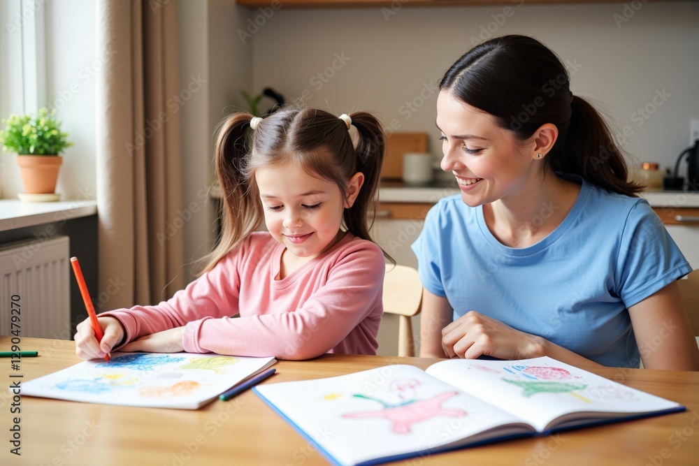Engaging Mother-Daughter Activity: A Young Caucasian Girl and Her Mother Enjoying Creative Coloring Time Together at Home in a Bright Kitchen Environment