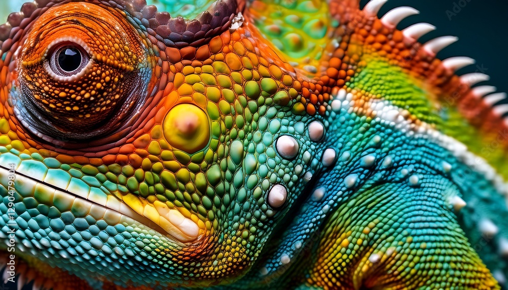 Obraz premium Macro shot of a chameleon’s skin, highlighting its detailed texture and vibrant color transitions, showcasing the unique and adaptive nature of this reptile
