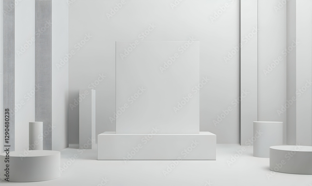 A blank gallery display mockup in a sleek, minimalist space surrounded by white walls. A blank gallery display mockup in a sleek, minimalist space surrounded by white walls.