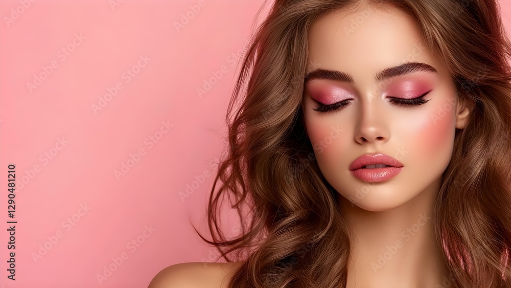 A close-up of a woman with flowing brown hair and soft pink makeup against a pastel pink background. Concept Close-up Portrait, Woman with Brown Hair, Soft Pink Makeup, Pastel Pink Background A close-up of a woman with flowing brown hair and soft pink makeup against a pastel pink background. Concept Close-up Portrait, Woman with Brown Hair, Soft Pink Makeup, Pastel Pink Background