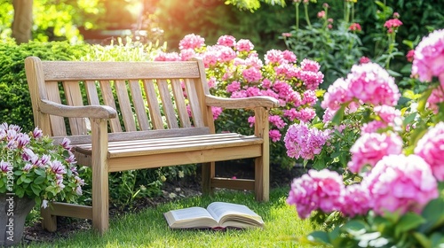 Serene Garden Bench with Open Book and Blooming Flowers