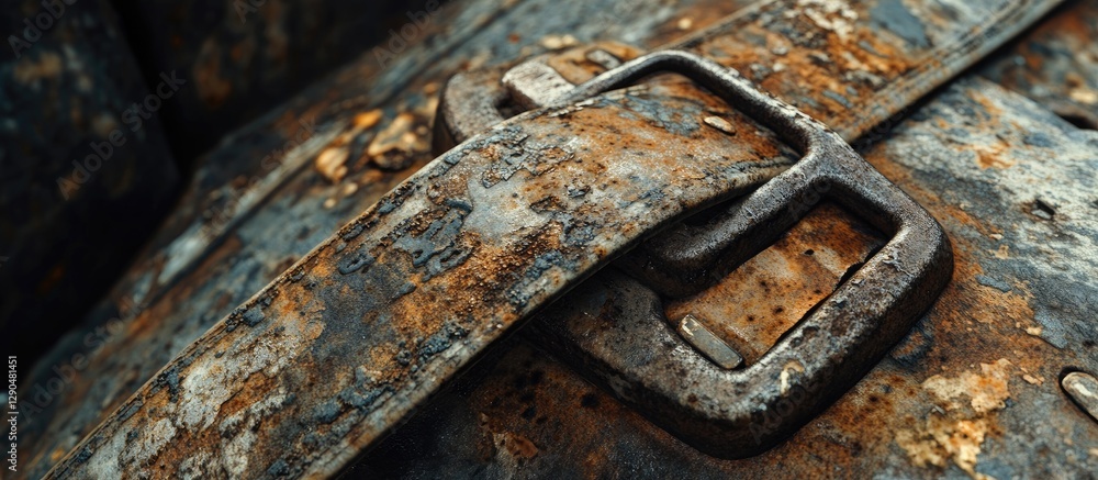 Rusty metal buckle on an aged leather strap with patina showcasing shades of brown, gray, and hints of orange in a close-up view. Rusty metal buckle on an aged leather strap with patina showcasing shades of brown, gray, and hints of orange in a close-up view.