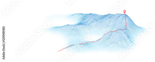 Banner of mountain route with a red point marking the peak, designed for visualizing tourist routes. For tour operators and guide instructors. Copy Space. Isolated. White background. 3D illustration