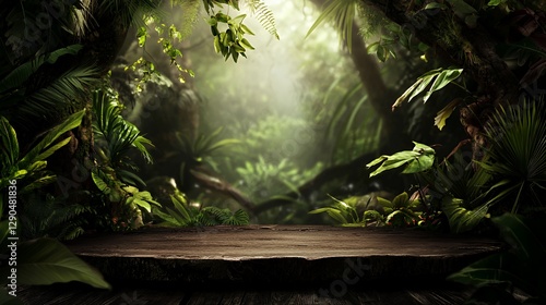 Lush Tropical Jungle Setting with Wooden Table