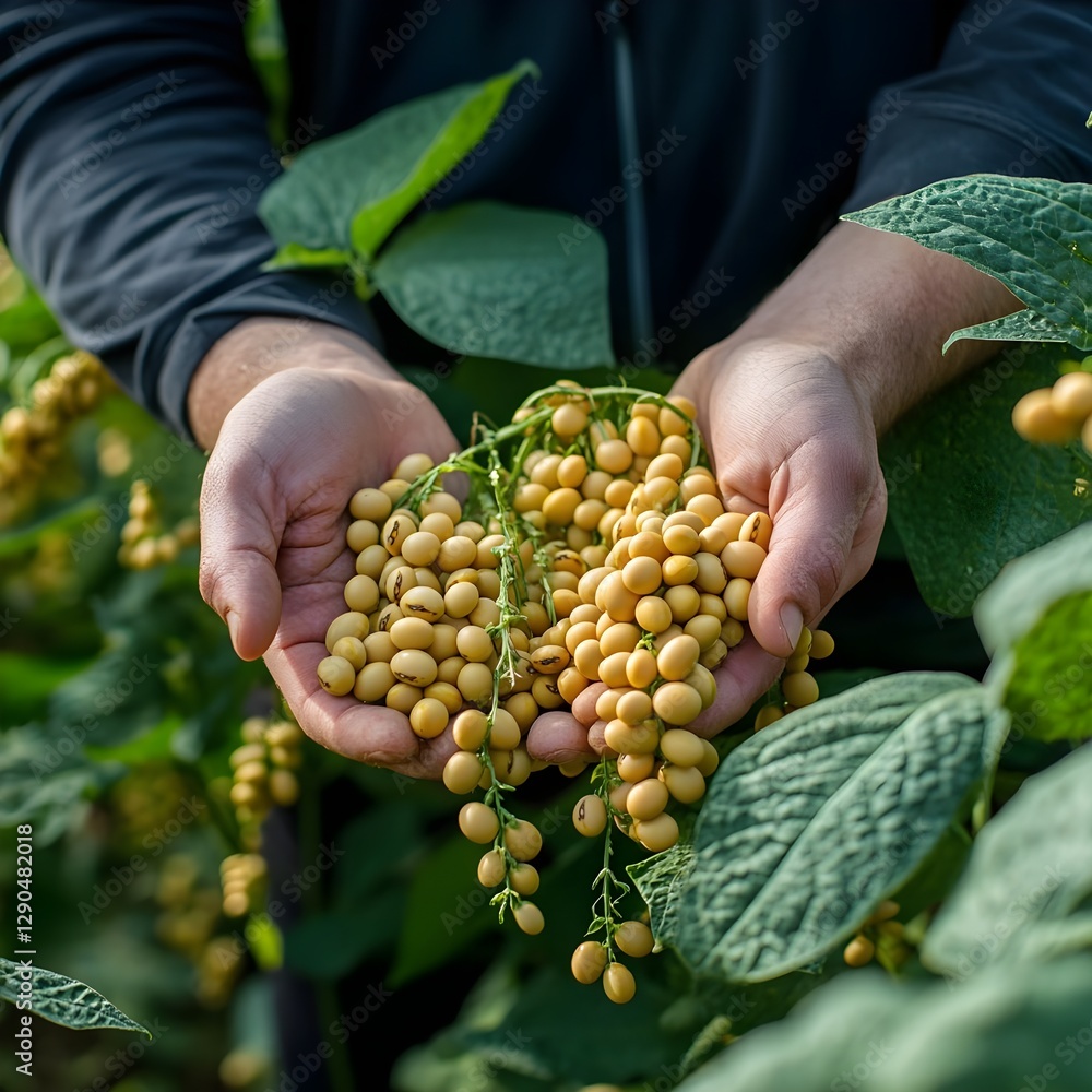 Farmer s Hands Holding Ripe Soybeans in a Lush Soybean Field Farmer s Hands Holding Ripe Soybeans in a Lush Soybean Field