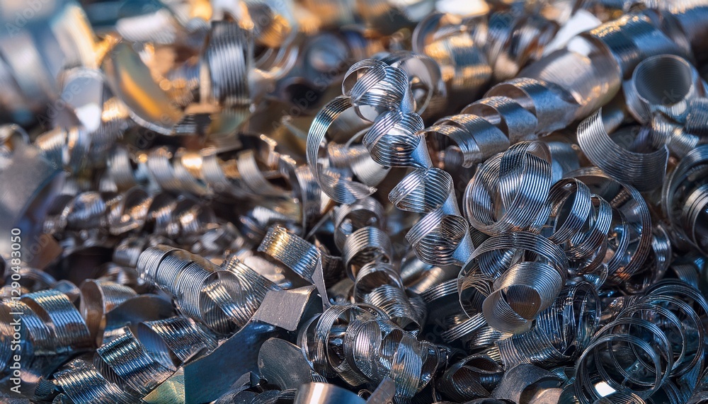 Close-up of fine steel shavings from a lathe, curled and metallic, showcasing the intricate texture and shine of the metal curls. Close-up of fine steel shavings from a lathe, curled and metallic, showcasing the intricate texture and shine of the metal curls.
