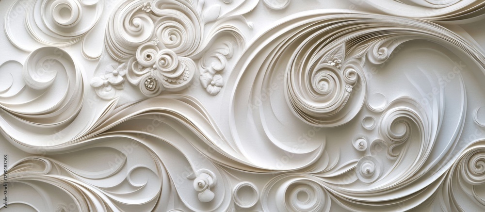 Elegant white paper backdrop with swirling decorative patterns and charming ornaments creating a nostalgic and sophisticated ambience Elegant white paper backdrop with swirling decorative patterns and charming ornaments creating a nostalgic and sophisticated ambience