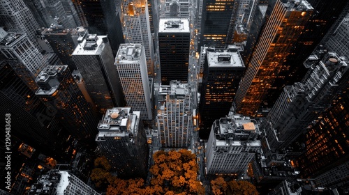 Aerial view of New York City skyscrapers at dusk, highlighting urban landscape. Possible use Stock photo