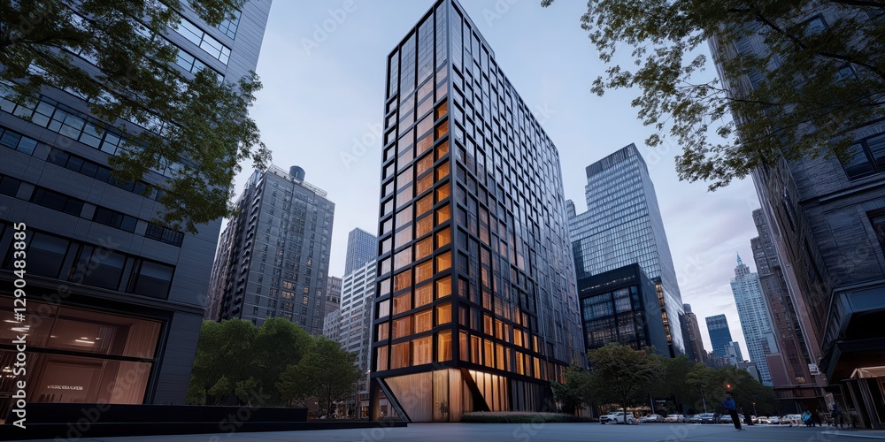 Naklejka premium Modern office building surrounded by city skyscrapers at dusk