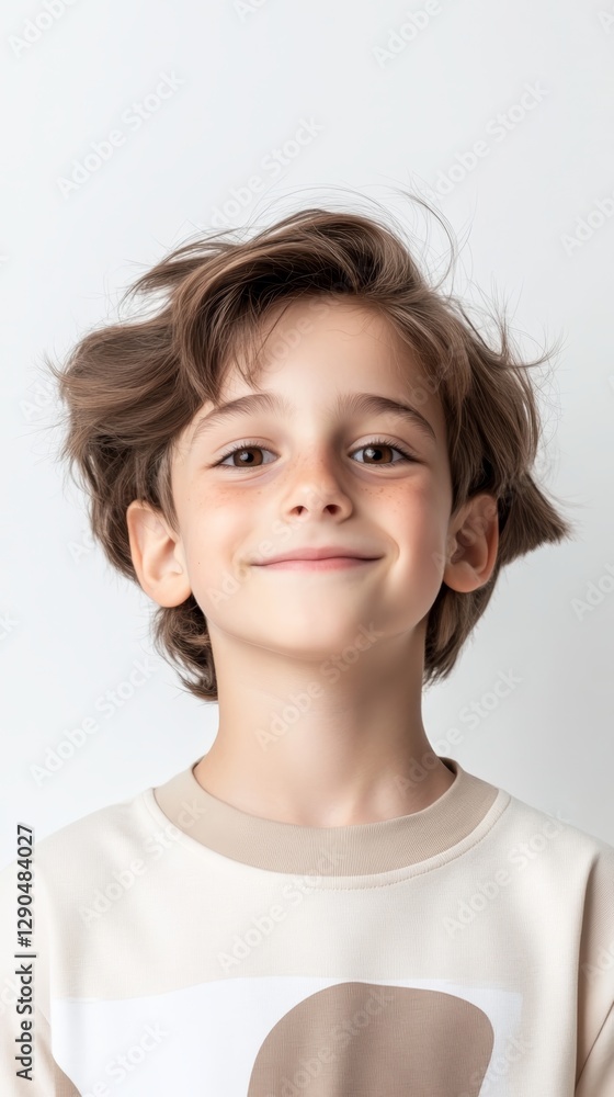 Smiling boy with tousled hair wearing casual clothes against a plain background Smiling boy with tousled hair wearing casual clothes against a plain background