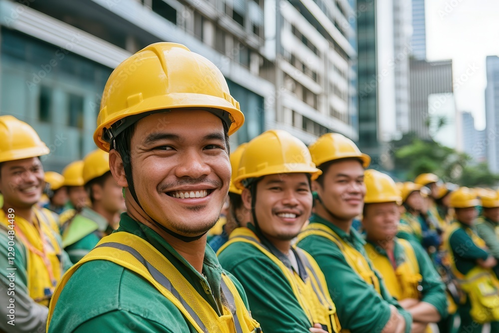 Smiling construction workers wearing hard hats and safety vests are standing together at a construction site Smiling construction workers wearing hard hats and safety vests are standing together at a construction site