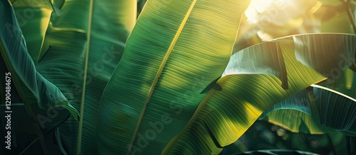 Close up of lush green banana leaves illuminated by soft morning sunlight with a blurred background providing ample copy space for text