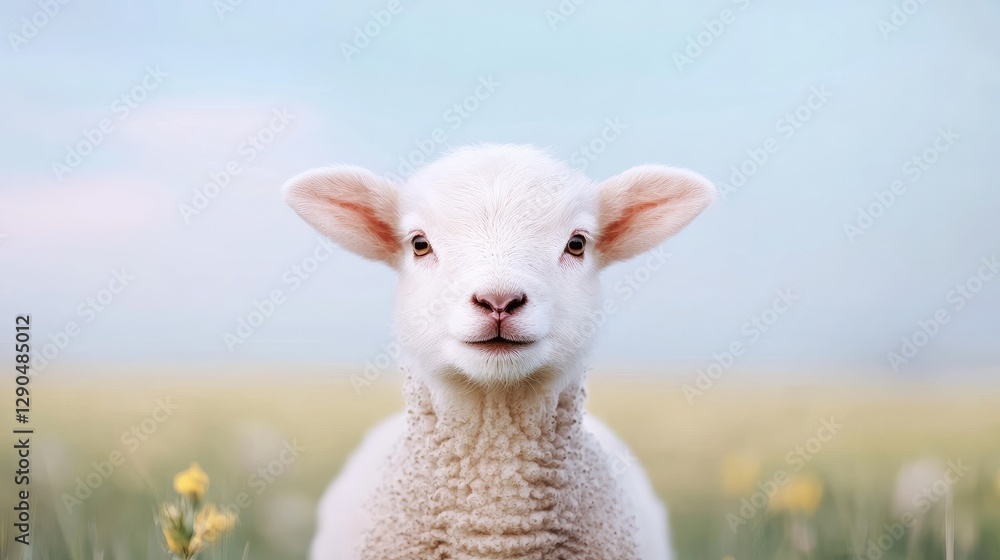 Obraz premium Lamb in spring meadow, cute animal portrait