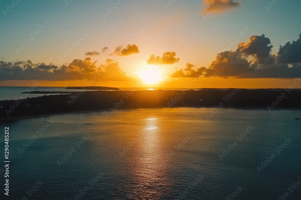 Obraz premium Tropical sunrise illuminates the horizon over serene waters and distant islands in a peaceful morning sky, Timelapse of a Beautiful tropical sunrise over the sea at Punta Cana, Dominican republic
