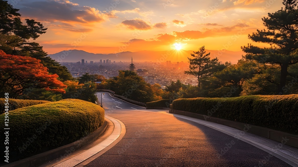 Fototapeta premium Captivating Autumn Passage Overlooking the Iconic Japanese Cityscape Beneath a Vibrant Sunset Sky