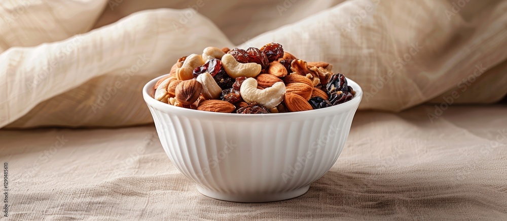 A white bowl filled with mixed nuts and dried fruits resting on a soft beige fabric, capturing natural textures and warm earthy tones. A white bowl filled with mixed nuts and dried fruits resting on a soft beige fabric, capturing natural textures and warm earthy tones.