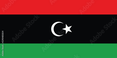 The flag of Libya. Flag icon. Standard color. Standard size. A rectangular flag. Computer illustration. Digital illustration. Vector illustration.