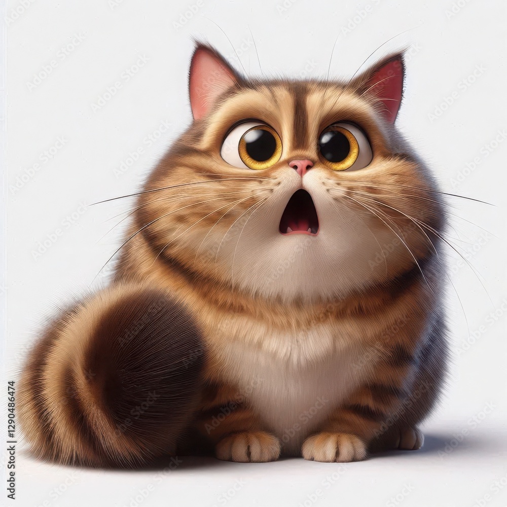 Fototapeta premium Cute animated cat with big eyes and surprised expression sitting upright on a white background