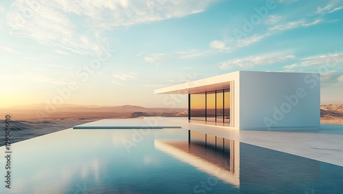 Modern house over infinity pool in desert landscape at sunset photo