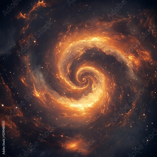 The image presents a fiery nebula spiraling within the night sky