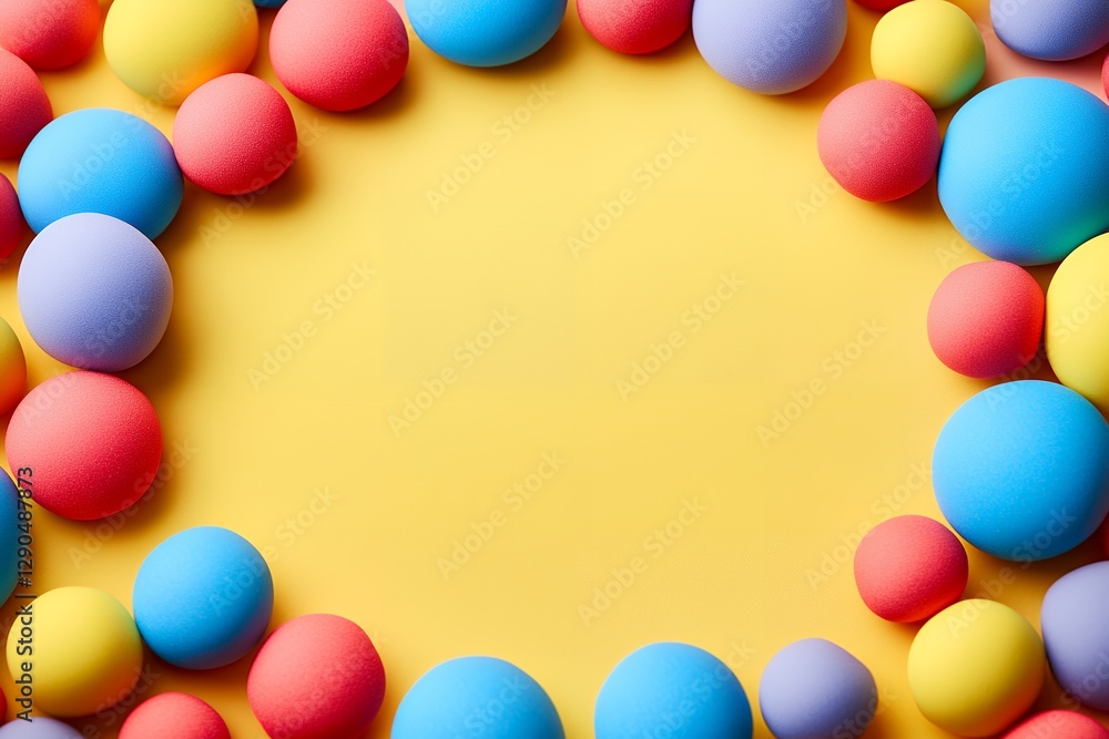 Colorful foam balls arranged in circle on yellow background Colorful foam balls arranged in circle on yellow background