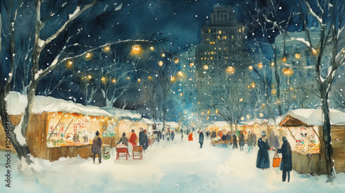 Festive winter market with snow covered stalls and twinkling lights at night