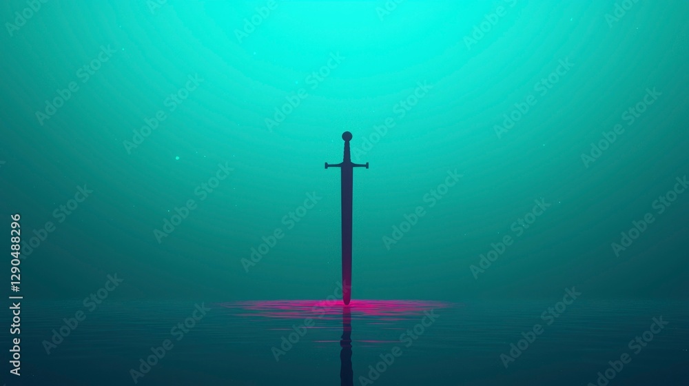 Naklejka premium Sword stands in water, light under it, creating a mystic, surreal scene
