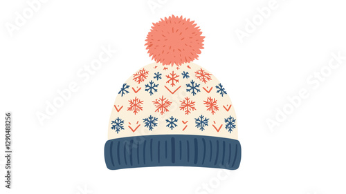 A digital illustration of a winter beanie hat. The beanie is primarily off-white or cream-colored with a repeating snowflake pattern in shades of coral and dark blue. The hat has a dark
