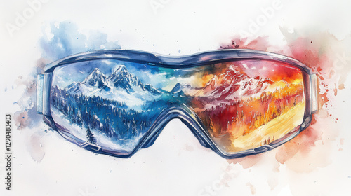 Watercolor ski goggles reflecting snowy and autumn mountains, vibrant colors